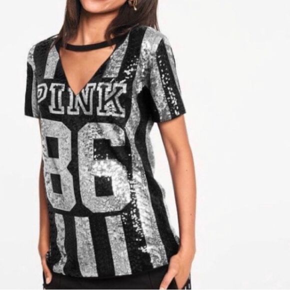 New Victoria’s Secret Pink Fashion show Bling Choker Jersey Shirt L - Picture 1 of 7